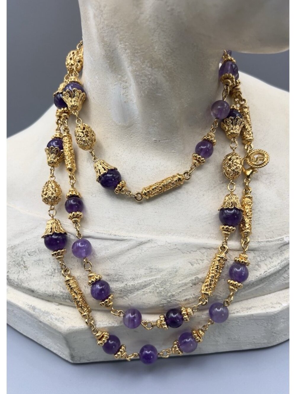 ST JOHN Luxury Runway Statement Long Strand Necklace 24k Gold Tone Purple Glass